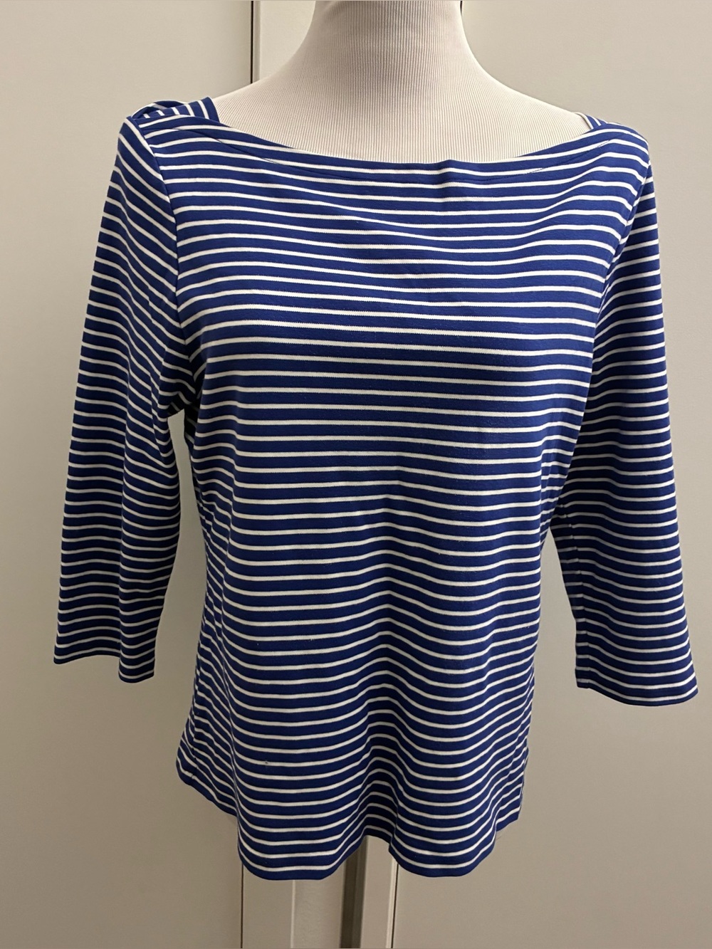 Talbots XL Top Boat Neck 3/4 sleeve Blue White Striped Pima Cotton French Sailor
